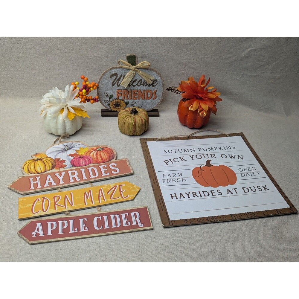 Fall Decor Lot 6pc Autumn Pumpkin Figures Sign Hayrides Corn Maze Basket Filler